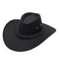 Classic black cowboy hat with wide brim, woven rope band, and side metal ventilation eyelets - Suede Black with Black Rope
