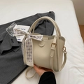 Elegant cream lychee pattern handbag with fashion bags embossing and silk scarf detail - White
