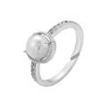 Detail of adjustable silver ring featuring a central white pearl and pavé set cubic zirconia - VJ516 Platinum Pearl