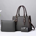 Three-piece dark grey tote bag set with crocodile texture and contrast brown handles - Green