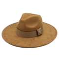 Detail of camel felt fedora hat featuring woven band and gold M letter metal logo buckle - M(56-59CM) / Khaki (Suede)