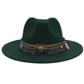 Close-up of bohemian hat band with turquoise, colorful beads, and tassels on green felt - Dark Green