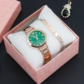 Rose gold watch set with green dial and His Queen bracelet in a pink gift box - 240125 Green Watch + Bracelet + Box