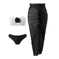 Three-piece bikini set with 3D rose flower top and sheer mesh long skirt beachwear - S / Black Skirt / White Flower Black Top