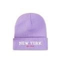 Detailed close-up of purple beanie featuring white New York embroidery and fine ribbed texture - M (56-58cm) / Purple