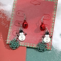Christmas snowman earrings with red bell and green glitter snowflake on red card - 22 Bell Snowman Snowflake Set