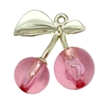 Pink acrylic cherry charm with silver metal leaves for DIY necklace and earring making - 1Pc KC Gold Transparent Dark Pink Resin 3D Double Leaf Cherry (29x28mm)