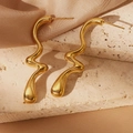 Detailed view of golden wave teardrop earrings on elegant silk and stone background - Streamlined Wave Long Teardrop Design