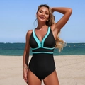 Deep V-neck one-piece swimsuit in black and Tiffany blue for women beachwear - S / Black with Blue