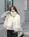 Thick cream white cashmere scarf with fringe details worn as a long winter shawl - Cationic Viscose Style / 200x70cm / Cream
