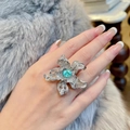 Squisito anello a fiore stella marina con pietre blu e diamanti su pelliccia grigia - Aperto Regolabile / Argento Pietra Blu Verde (x935)