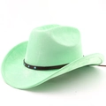 Close-up of mint green suede cowboy hat with brown leather band and turquoise studs - Fruit Green