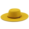 Detail of yellow wool fedora hat with brown leather strap and gold buckle accent - M (56-58cm) / Yellow