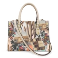 Howdy Western Style PU Leather Tote Bag with Desert Cactus and Cowboy Pattern - Beige Print/Western Collage/Beige Handle