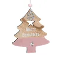 Pink wooden Christmas tree ornament with Merry Christmas text and silver star details - Pink Plush Tree Pendant