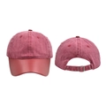 Detail of washed fabric crown and leather brim on burgundy baseball cap with metal buckle - Burgundy