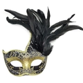 Maschera veneziana nera e oro con effetto crepato e piume eleganti per carnevale - Piuma di Gallo Nera