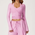 Pink wrap-around tie yoga top with matching loose joggers and bow detail - S / Rose Pink