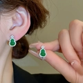 Chinese style green glass gourd earrings with sparkling crystal accents in silver - Silver Needle Gourd Style / Green