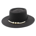 Cappello di paglia nero da donna con eleganti perle e nastro per vacanze estive - Nero
