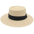 Detail of a beige woven boater hat with a flat top and elegant black ribbon band - Beige Body + Black Ribbon