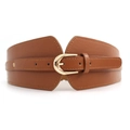 Cinturón ancho elástico marrón vintage para mujer con hebilla dorada y textura de cuero - Camel / 87cm
