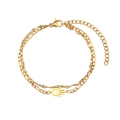 Gold double-layered stainless steel Hamsa Hand charm bracelet with Figaro chain links - Fatima Hand Style (B0314)