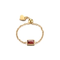 Adjustable 18K gold plated chain ring with a rectangular red zircon and heart charm - Red Zircon