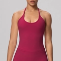 Front detail of high-elasticity dark red halter sports bra with U-shaped neckline for yoga - S / Tops / Carmine