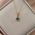Luxurious gold stainless steel necklace featuring a round green zircon pendant for women - Gold Emerald Green Zirconia