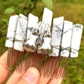 Gothic hair comb with white crystal shards and silver raven skulls on metal comb - White Howlite + Silver Crow Skull