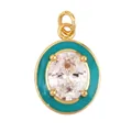 Oval gold pendant featuring teal enamel and a faceted clear gemstone center - Oval-Turquoise Blue