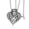 Gothic wolf head heart pendant in silver titanium steel with Celtic knots on white background - Double Wolf