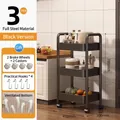 Black 3-tier steel rolling utility cart with mesh baskets and storage hooks - Triple Layer / Black