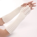 Close-up of cream white knitted fingerless gloves with elegant fish scale pattern and ribbed cuffs - One Size / White