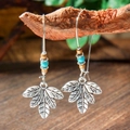 Bohemian vintage drop earrings with turquoise beads and antique silver leaf pendants - Five Petal Leaf Shape (HQEF-1956)