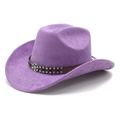 Detailed shot of purple suede cowboy hat with studded leather band and ornate metal emblem - M (56-59cm) / Taro Purple