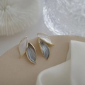 Elegant 925 silver leaf stud earrings with gold finish and white shell inlay detail - Light Gray