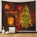 Tapiz de árbol de Navidad con chimenea y regalos para decoración de pared - Escena de Reloj de Madera Retro Tela Cepillada(GT100584) / 73X95CM