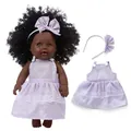 12-inch African baby doll with black curly hair in purple lace dress and headband - 30cm Black Doll / Purple Suspender Skirt Tie-Dye