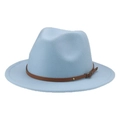 Close-up of light blue felt fedora for kids with brown leather band and metal buckle detail - Sky Blue