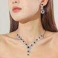 Silver bridal jewelry set with black gemstones and clear crystals on a model - Black Waterdrop Y-Shape Silver Set(DTN14026514BK)