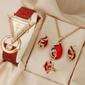 Luxury quartz watch set with triangle dial, red leather strap, and matching jewelry - Red Peacock Set
