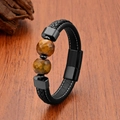 Bracciale da uomo in pelle intrecciata con pietre occhio di tigre e chiusura magnetica - 19cm / Nero
