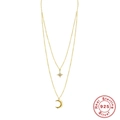 Double-layered S925 sterling silver gold necklace with sparkling star and moon pendants - 925 Silver / Gold Star Moon Layered Rhinestone Style