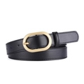 Schmaler schwarzer PU-Ledergürtel für Damen mit eleganter goldener ovaler Dornschließe - Schwarz+Goldene Schnalle