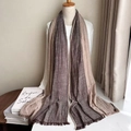 Gray-brown gradient striped cotton linen scarf with soft fringe on mannequin - Coffee and Khaki