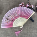 Traditional pink gradient folding fan with cherry blossoms, bamboo frame, and silk tassel - No.45 Pink Gradient Cherry Butterfly
