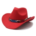 Klassischer roter Western-Cowboyhut aus Wollfilz mit buntem Schlangenmuster-Band und Schnalle - M (56-58cm) / Rot