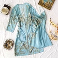 Conjunto de pijama de satén azul claro de 2 piezas con bata kimono y camisón floral - S / Cereza Verde Claro